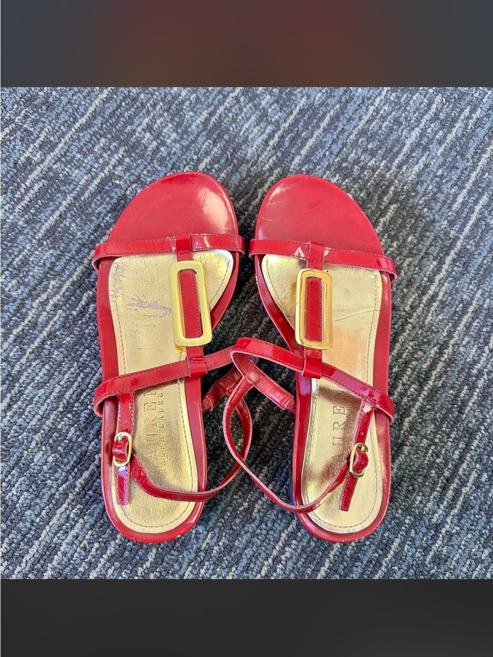 Lauren by Ralph Lauren red patent leather strappy sandals w/ gold buckle detail